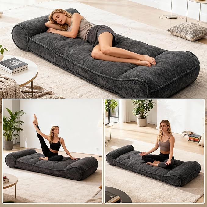 Dineli 83'' Lazy Floor Lounger Meditation & Yoga Chair Couch Recliner Sofa Bed Floor Seat for Adults Indoor Reclining Chairs Bed Comfy Chair Couch for Bedroom Living Room, Black