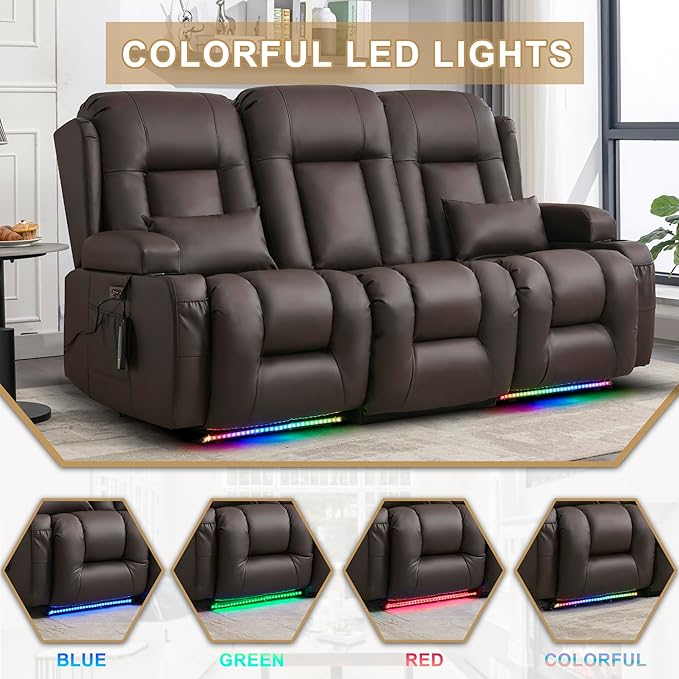 URRED Loveseat Recliner Sofa with Massage and Heat, Flip Middle Backrest Design 3 Seat Power Reclining RV Sofa Couch, Home Theater Seating with LED Lights, USB Ports, Outlets, Faux Leather, Dark Brown