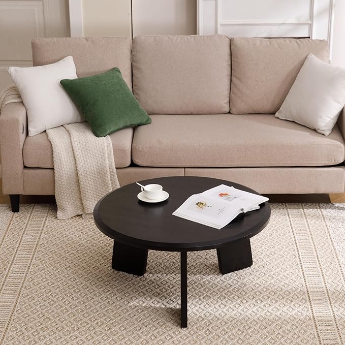 Janoray Modern Wood Coffee Table Small Desk Farmhouse Round Coffee Table Floor Table Couch Table Easy Assembly for Living Room/Office/Reception/Sofa Couch End, Black