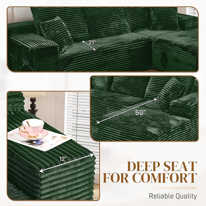 108" Boneless Cloud Sectional Couches for Living Room, Fluffy Comfy Soft L Shaped Memory Deep Seat Foam Boneless Couch, Modular Sectional Sofas with Right Facing Chaise, Green