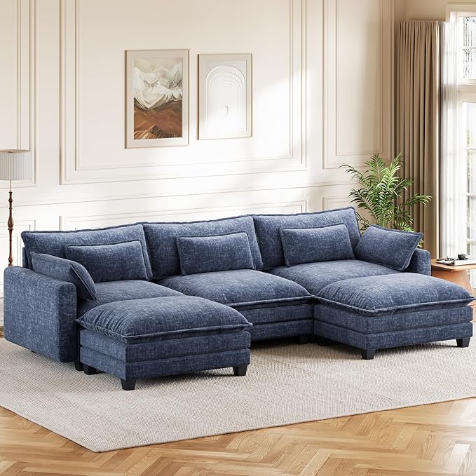 Pipishell 110.6" U-Shaped Modular Sectional Sofa, 5-Seat Modern Chenille Deep Seat Comfy Cloud Couch with 2 Movable Ottoman & Throw Pillows for Living Room, Bedroom and Apartment, Blue