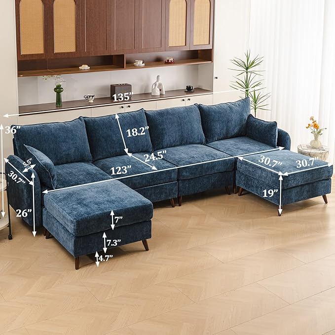 Rexulqo 135'' Modular Sectional Sofa with All Seats Storage, Oversized U Shaped Couch,4-Seater Comfy Cloud Couch with Movable Ottoman,24.5'' Deep Seat,Big Sofas for Living Room,Bedroom,Velet,Blue