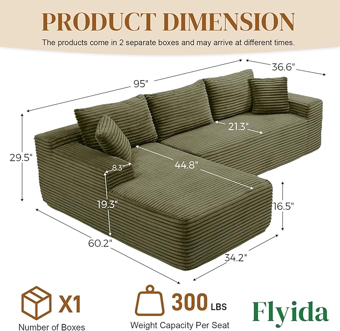 95" Boneless Cloud Sectional Couches for Living Room, Comfy Fluffy L Shaped Memory Foam Deep Seat Boneless Couch, Modular Sectional Sofa with Left Facing Chaise, Olive Green