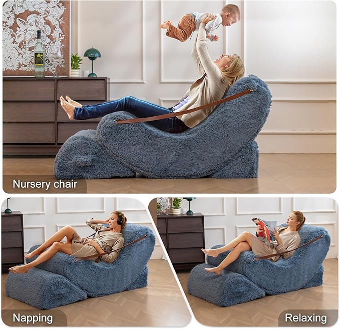 Modular Comfortable and Cozy Bean Bag Chair for Adults, Filled with Memory Foam, Featuring Plush Fabric, with Detachable Footrest & Adjustable Angle for Bedroom, Living Room and Nursery(BlueGray)