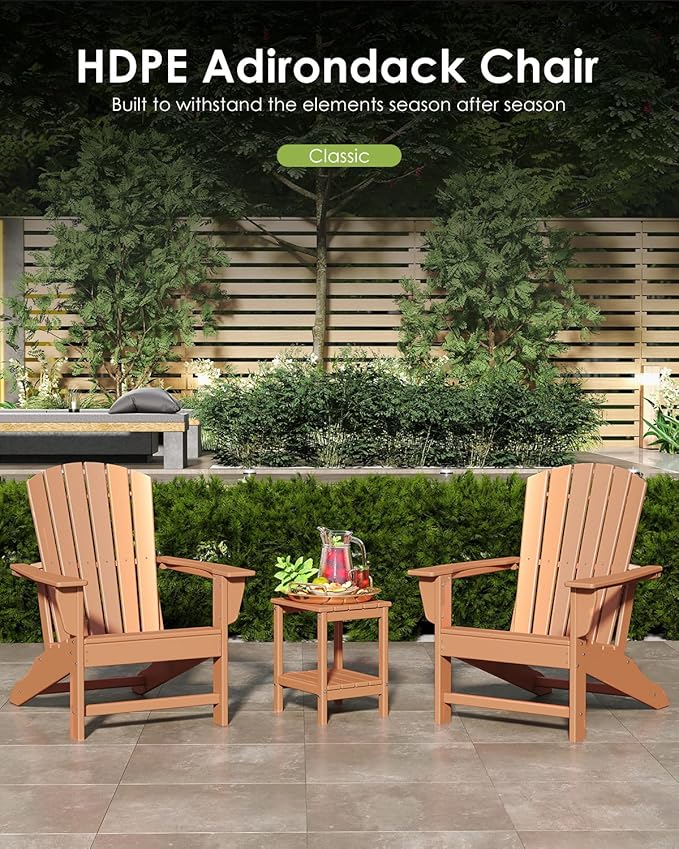 GREENVINES Adirondack Chair | HDPE Plastic | Oversized Fire Pit Chairs | All Weather | Teak | Poly Lumber | for Outdoor Deck Backyard Patio Garden