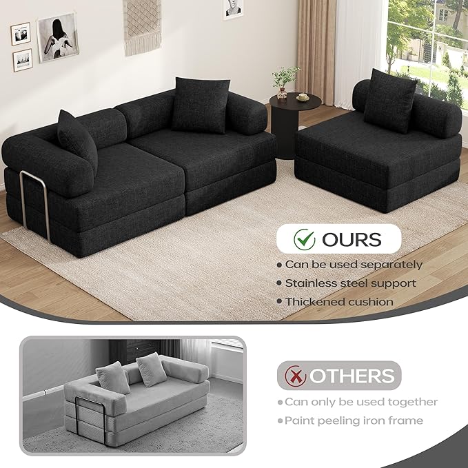DURASPACE 117.6'' Convertible Folding Sofa Bed, Floor Sleeper Sofa Couch with Fixed-Shape Frame, Oversized Modular Sectional Couch for Living Room, No Assembly Required (Chenille Black)