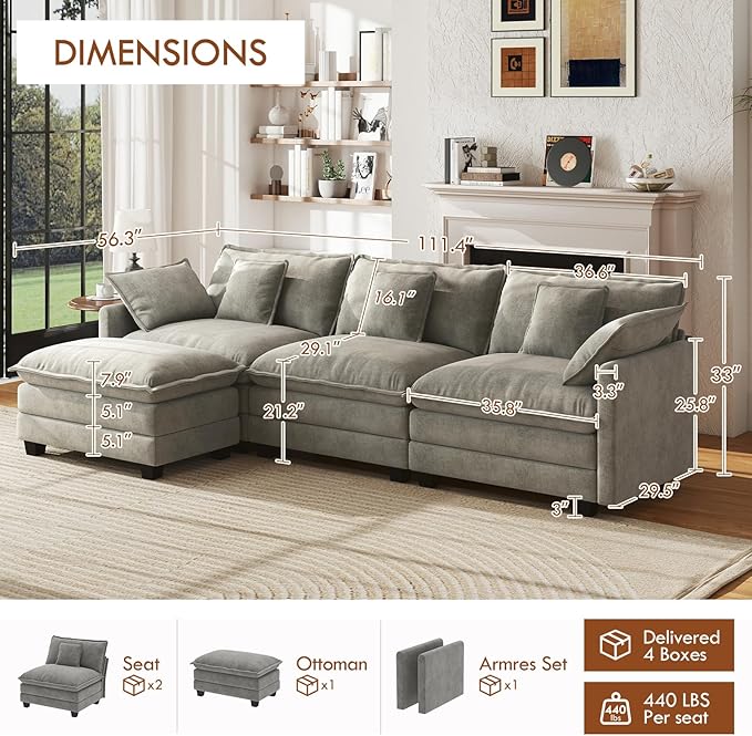 WorthFurni 111.4” Cloud Couch, Modular Sectional Sofa, Comfy Modern 3-Seater Couches with Pillows & Upholstered Deep Seat Cushion for Apartment Living Room Bedroom （Grey）