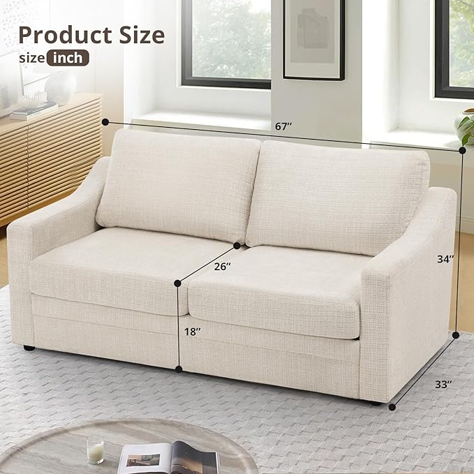 ACMEASE 67 Inches Chenille 2-Seat Sofa w/Comfortable Back Cushions, Modern Love Seat w/Deep Seat Space, Upholstered 2 Seater Couch w/High Resiliency Foam for Living Room, Office, Beige