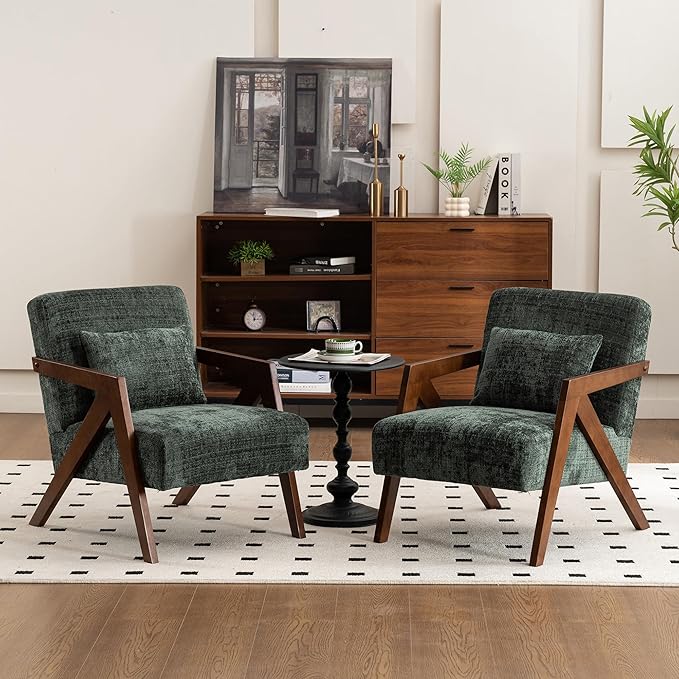Mid Century Modern Accent Chair with Solid Wood Frame，Upholstered Chenille Living Room Arm Chairs with Pillow for Bedroom, Living Room, Reading Room, Balcony (2, Dark Green)
