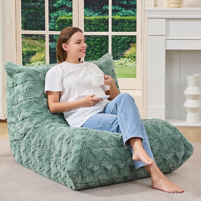 Bean Bag Chairs for Adults Giant Bean Bag Chair Memory Foam BeanBag Chair Bean Bag Sofa with Filler Faux Fur Fireside Beanbags Lazy Sofa for Living Room Bedroom Office (Green Chevron, Single)