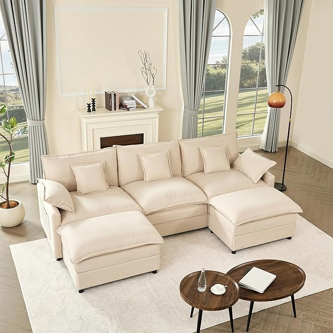 GOSUHI 108" U Shaped Couch, Modular Sectional Sofa, 3-Seater Comfy Cloud Couch with Movable Ottoman, Deep Seat Couches for Living Room, Linen, Beige