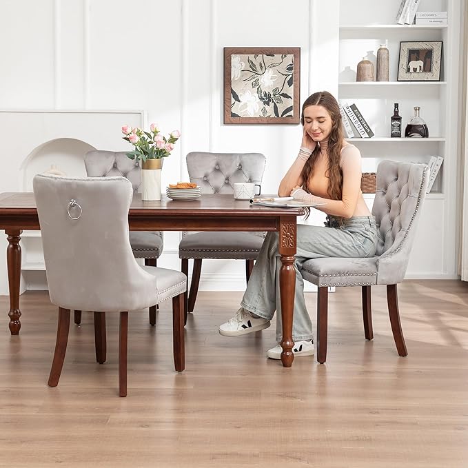 Kiztir Velvet Dining Chairs Set of 4, Upholstered Dining Chairs with Nailhead Trim and Button Back, Luxury Tufted Dining Chair for Living Room, Bedroom, Kitchen (Light Gray)
