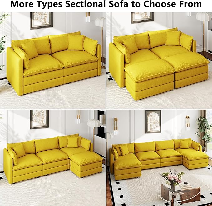 Aoowow Modular Sectional Sofa Modern Convertible L Shaped Couch,111.5 Inch Deep 3-Seater Sofas Set Comfy Chenille Cloud Sofas and Couches with Movable Ottoman for Living Room Apartment（Yellow）