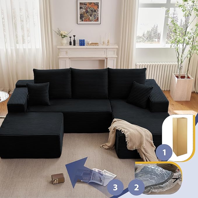 107" W Cloud Sectional Couch with Ottoman,Modern U-Shaped Cloud Couch with Deep Seat,Comfy Corduroy 3-Seater Sofa,Memory Foam Sofa for Living Room,No Assembly (Jet Black,Right-Facing Chaise)