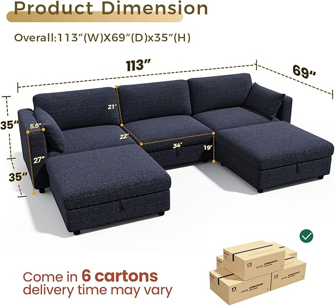 KKL Sofa Couches for Living Room - 113" Modular Sectional Couch Down Filled Sectional Sofa with Adjustable Backrest, Oversize Cloud Deep Couch 5 Seater with Storage Ottoman Chenille, Blue