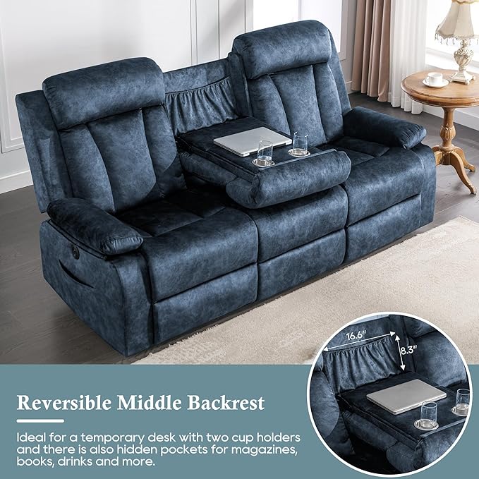 Power Reclining Sofa with Massage & Heat, USB & Type-C Ports, Drop-Down Tray Table, Cup Holders, Storage Pockets, Power Reclining Couch/Reclining Sofa 3 Seat, for Living Room, RV，Media Room 82" Blue