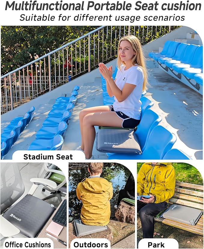 Rocalt Portable Seat Cushion and 2-in-1 Foldable Stool with Carry Bag, Self-Inflating Travel Cushion for Camping, Stadiums, Beach, Hiking | Lightweight, Waterproof, Durable Outdoor Seating Set