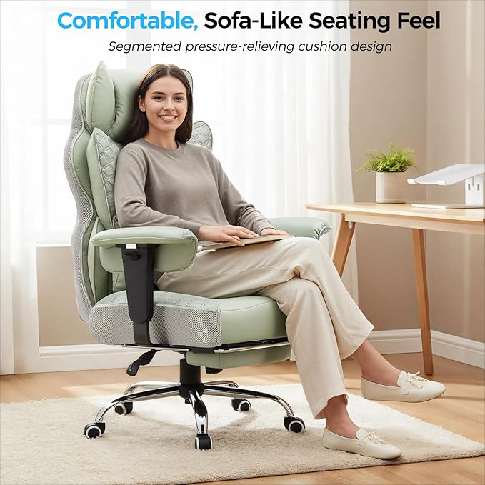 COMHOMA Big and Tall Office Chair 400LBS Wide Ergonomic Gaming Chair with Deluxe Embossing Designed Leather with Foot Rest,150°Reclining Adjustable Armrests Pocket Spring Back Support and Pillow