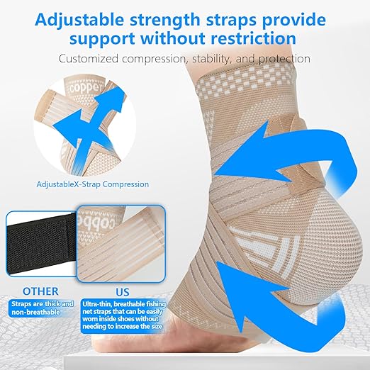 DRNAIETY 2 Pack Copper Ankle Brace for Men & Women - Adjustable Ankle Support Compression Sleeve, for Plantar Fasciitis, Achilles Tendonitis, Foot Pain, Swelling - Everyday Use(Skin Tone,L)