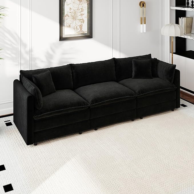 Aoowow Modular Sectional Sofa,112.2 Inch Deep 3-Seater Sofas Comfy Chenille Cloud Sofas and Couches with Pillows for Living Room Apartment（Black）