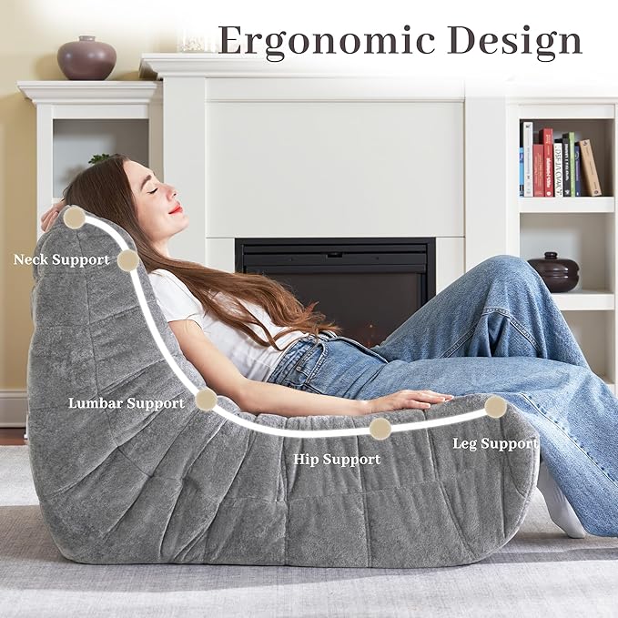 HABUTWAY Bean Bag Chair, Giant Bean Bag Chairs for Adults, Loveseat Fireside Chair, 2 Seater Lazy Bean Bag Sofa Memory Foam Couch for Living Room, Bedroom, Office (Light Grey)