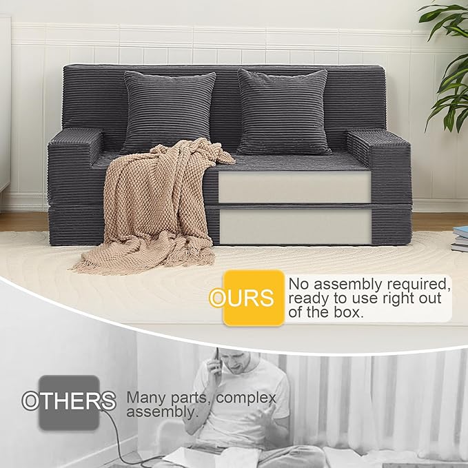 MeMoreCool Folding Sofa Bed Queen – Corduroy Convertible Foam Sleeper Chair, Fold-Out Futon Couch Bed | Machine Washable | High-Density Foam | Guest & Living Room Seating