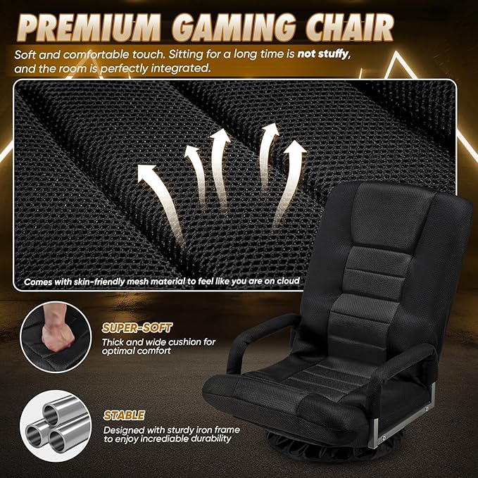 Swivel Gaming Chair 360 Degree Multipurpose 2PACK Floor Chair w/Armrest & 6 Adjustable Postions Backrest for Adults & Kids, for Reading, Gaming, Watching, Relaxing, Black