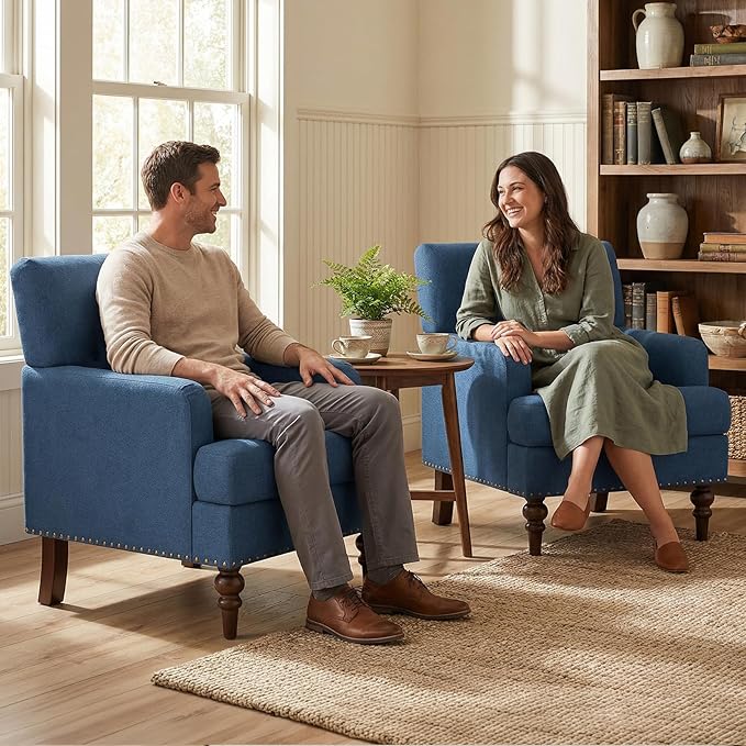 Upholstered Accent Chair with Thick Cushion, High Back Reading Chair, Linen Blend Armchair with Solid Rubberwood Legs for Living Room, Bedroom, Reading Nook, Apartment & Small Spaces,Blue