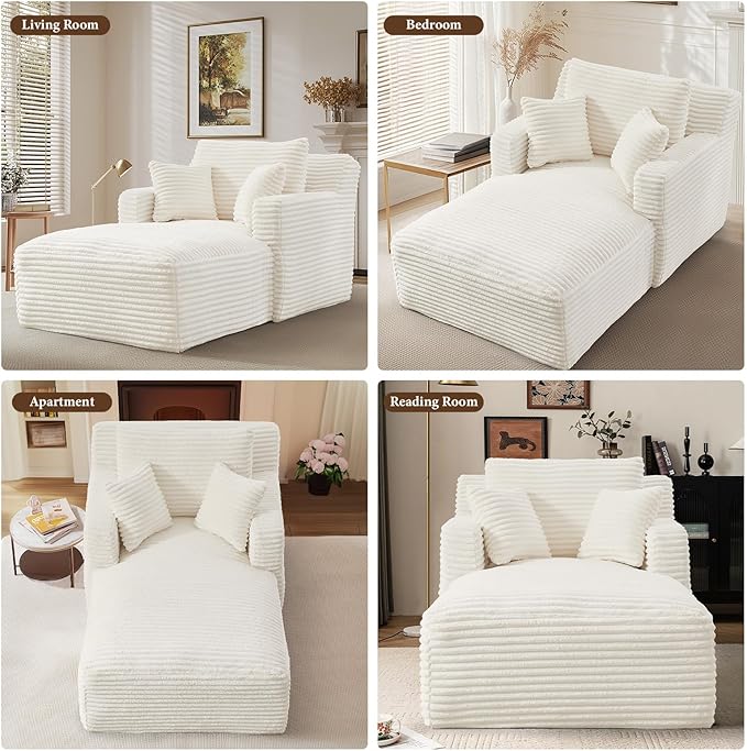 VEPXXP 65.4" Chaise Lounge Chair Indoor, Oversized Boneless Couch Comfy Upholstered Sleeper Sofa Bed with 3 Pillows, Corduroy Cloud Reading Chair for Living Room No Assembly Required, White