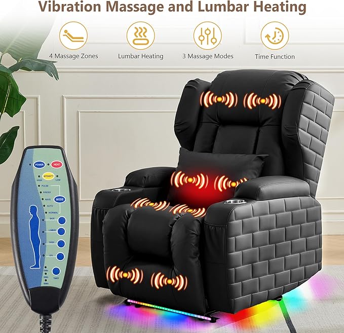 Wall Hugger Power Recliner Chair with Heat and Massage, Overstuffed Reclining Sofa Chair for Living Room Home Theater RV with 3-Side LED Lights/Cup Holders/USB & Type C Port (Black)