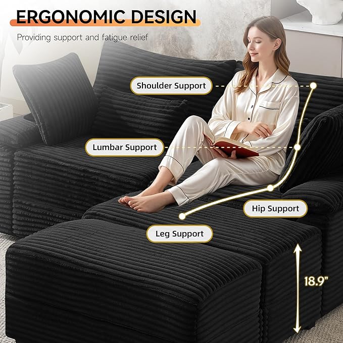 75" Corduroy Loveseat with Storage Ottoman & USB, Cloud Deep Seat Couch with Convertible Ottoman Coffee Table, Double Chaise Lounge for Living Room, Corduroy Black