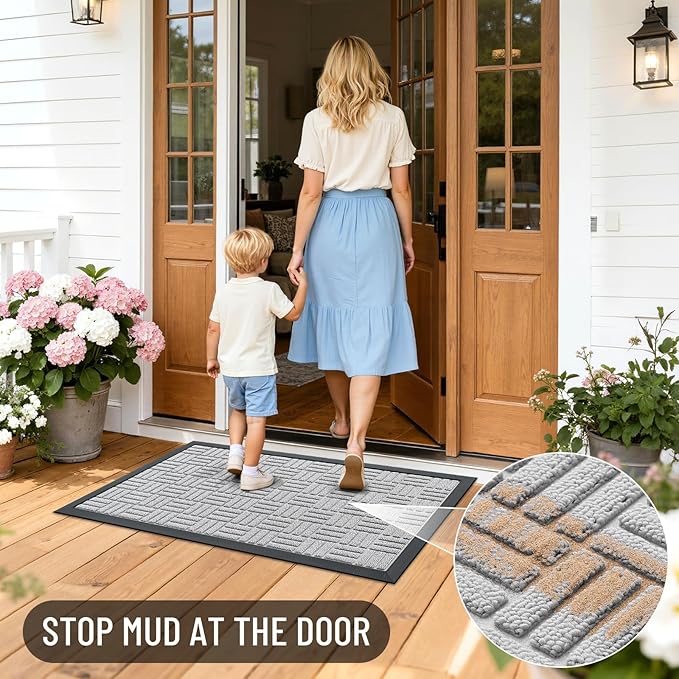 OLANLY Front Door Mat Outside Entrance 59x34, Absorbent, Heavy Duty Sturdy Natural Rubber Doormat Indoor Outdoor, Non-Slip, Stain and Fade Resistant, Low Profile Floor Mat for Entryway, Light Gray