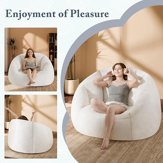 Swivel Giant Bean Bag Chair for Adults with Ottoman - Comfy Plush Round Shell Soft Accent Chaise Lounge Indoor Chair, Oversized Cozy Floor Sofa for Living Room, Bedroom & Game Rooms, Beige