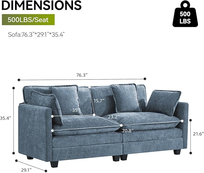 UMBFUN 2-Seater Cloud Couch, Oversized Comfy Modular Sectional Sofa with Deep Seat Cushions, Chenille Loveseat for Living Room, Apartment & Small Spaces, Blue
