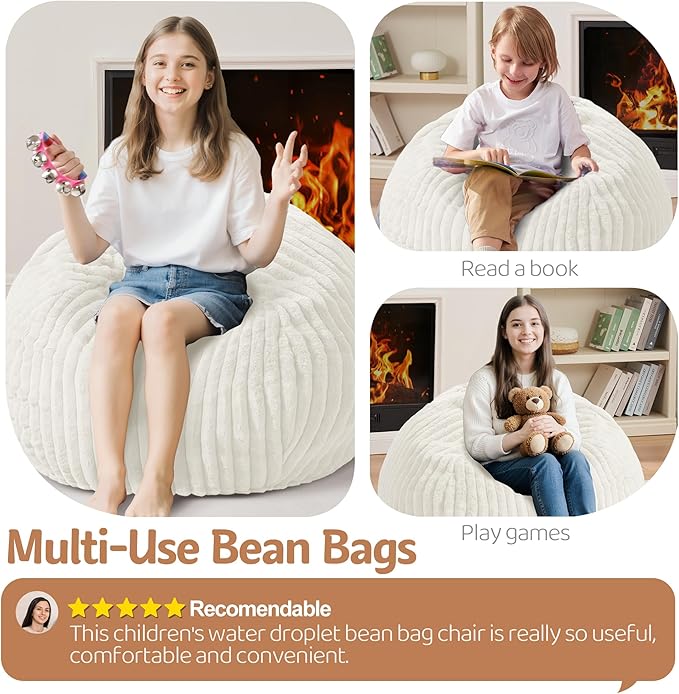 Homguava 2FT Bean Bag Chair, 2' Small Bean Bags with Memory Foam Filled, Beanbag Chairs with Machine Washable Cover Dutch Corded Plush Cover for Classroom,Living Room,Bedroom-White