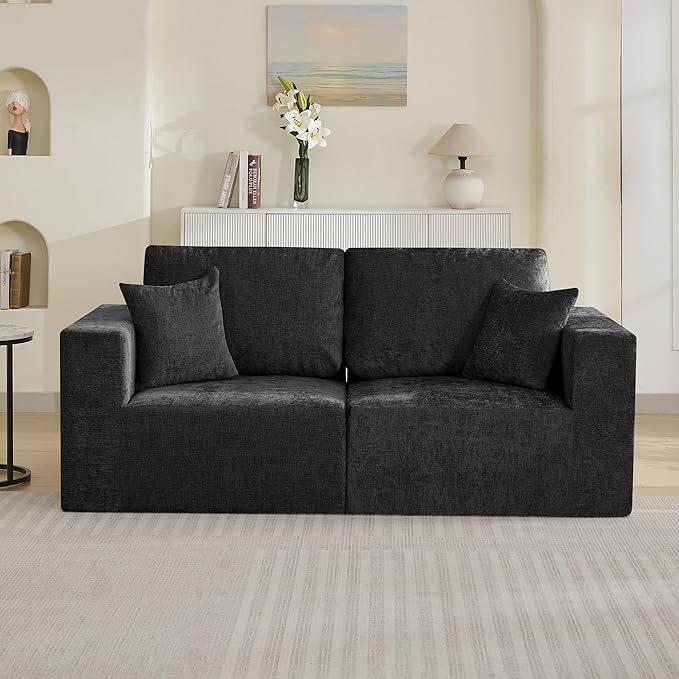 83'' Boneless Loveseat Sofa, Comfy Deep Seat Sectional Cloud Couch, No Assembly Chenille Love Seat for Living Room, Black