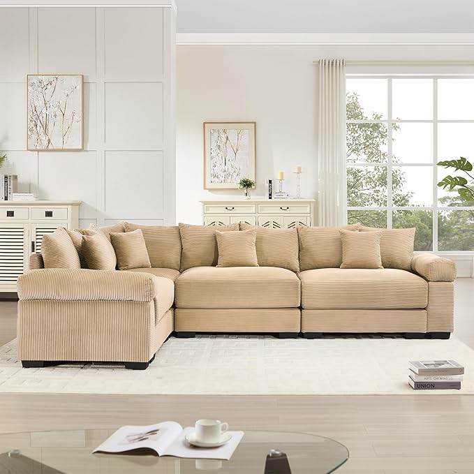 KEIKI 117" L-Shaped Oversized Corduroy Modular Cloud Sectional Sofa with High-Density Foam Cushion, Extra-Thick Armrest, Convertible 4-Seater Fluffy Corner Couch with 14 Pillow, for Living Room, Camel