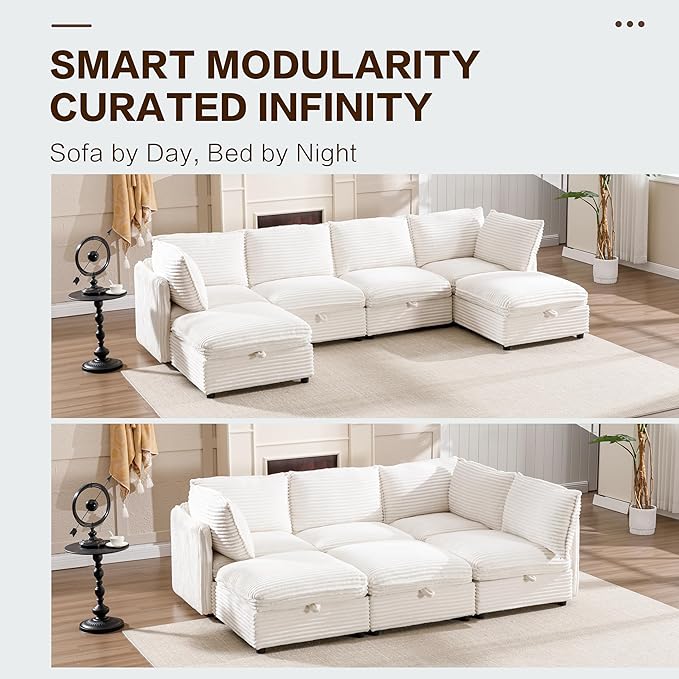 125" Oversized Modular 6 Seater Sofa with Removable Covers and Storage, Convertible U, L-Shaped and Sleeper Sectional, Modern Corduroy Couches with Ottoman Chaise for Living Room, Apartment, Gray