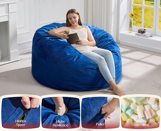 Hobestluk Giant Bean Bag Chair Bed for Adults, Large Bean Bags with High-Density Foam Filling, Convertible Big Sofa Bed Couch for Living Room, Bedroom, Playroom (Blue, Full)