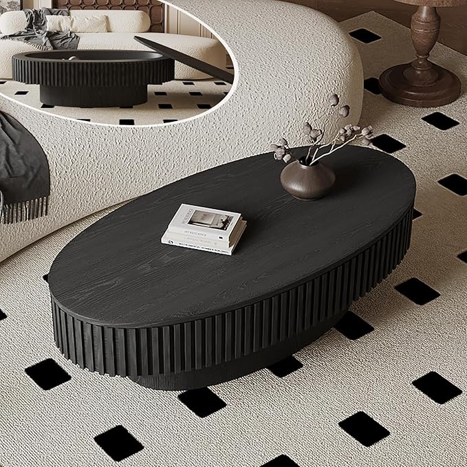 FGXJY Oval Coffee Table with Storage, Modern Black Coffee Table with Solid Wood Veneered, Fluted Center Table Wood Drum Tea Table for Living Room Apartment, 47.2''L×23.6''W×14.2''H