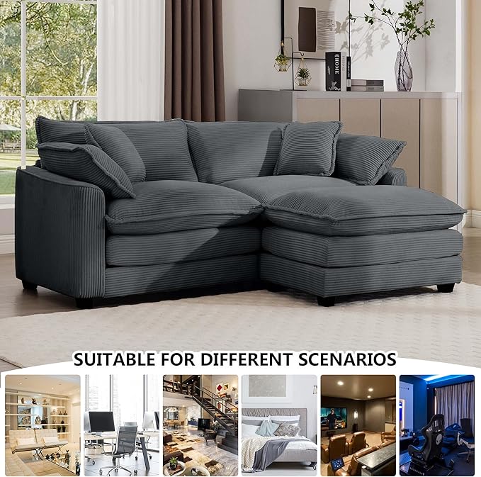 Aoowow Corduroy Loveseat Couch with Ottoman,Modern 2 Seater Cloud Couches for Living Room,Modular Sectional Cloud Sofas Deep Seat,Oversized L-Shaped Couch for Small Spaces (Grey, 2 Seater + 1 Ottoman)
