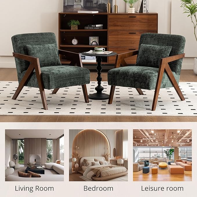 Mid Century Modern Accent Chair with Solid Wood Frame，Upholstered Chenille Living Room Arm Chairs with Pillow for Bedroom, Living Room, Reading Room, Balcony (1, Dark Green)