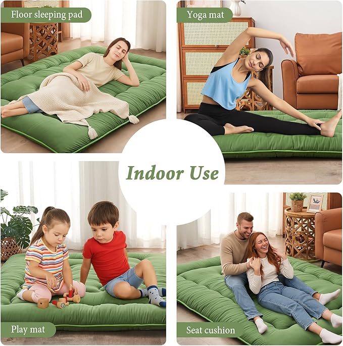 DAICO Japanese Floor Mattress, 4'' Thicken Futon Mattress Tatami Mat, Sleeping Pad Foldable Roll Up Mat for Camping and Guest Room, Queen Size 60''*80'', Green