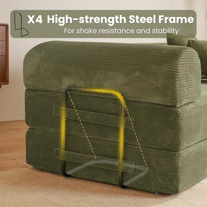 79" Convertible Sofa Bed, Boneless Corduroy Sleeper Foldable Modular Couch, Memory Foam Compressed Sofa in A Box,Folding Mattress Floor Couch for Small Space Living Room Apartment Bedroom,Light Green