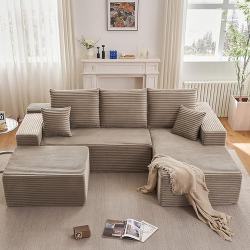 107" W Cloud Sectional Couch with Ottoman,Modern U-Shaped Cloud Couch with Deep Seat,Comfy Corduroy 3-Seater Sofa,Memory Foam Sofa for Living Room,No Assembly (Camel,Right-Facing Chaise)