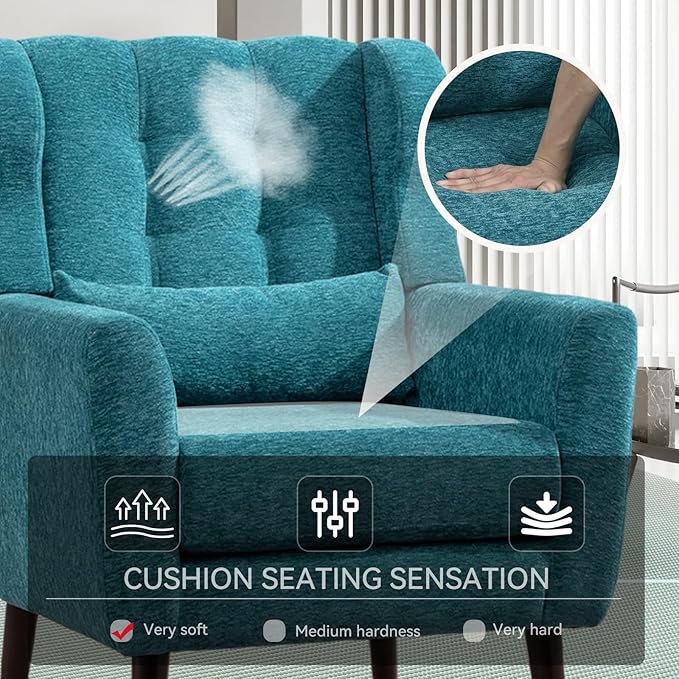 QKFF Accent Chair Set of 2, Upholstered Armchair with Pillow, Fabric Single Sofa Chair with Lounge Seat and Wood Legs Accent Chair for Living Room Small Spaces (Teal)