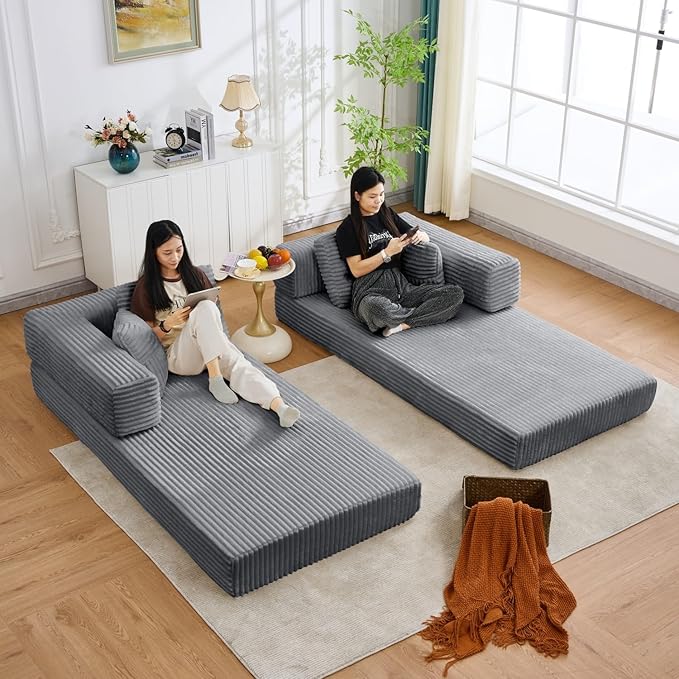 Folding Sofa Bed, Corduroy Loveseat Sleeper with Fixed-Shape Frame, No Assembly Needed Futon Couch, Convertible Floor Sofa Lounge Couch for Living Room, Bedroom, Lounge Studio, Grey