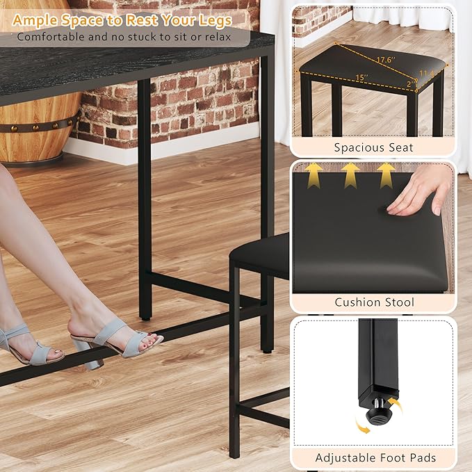 Bar Table and Chairs Set for 2-4, 63'' Convertible L-Shaped Kitchen Table with Power Outlets, 3 Piece Counter Height Small Dining Table with 2 Stools, Space Saving, Breakfast Nook Corner, Black