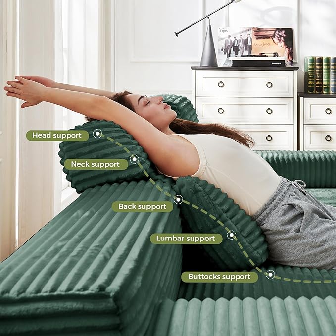 104" L-Shaped Cloud Modular Sectional Sofa with Chaise & Headrest, Boneless Deep Seat Plush Corduroy Couches for Large Living Room, No Assembly Required (Green, 104" L-shapred Chaise)