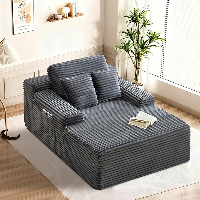 POINTANT 49”W Chaise Lounge Indoor, Oversized Couch Chair with 3 Throw Pillows, Corduroy Upholstered Boneless Sofa Bed,Lazy Bed Sleeper Reading Chairs for Living Room Apartment, No Assembly (Grey)